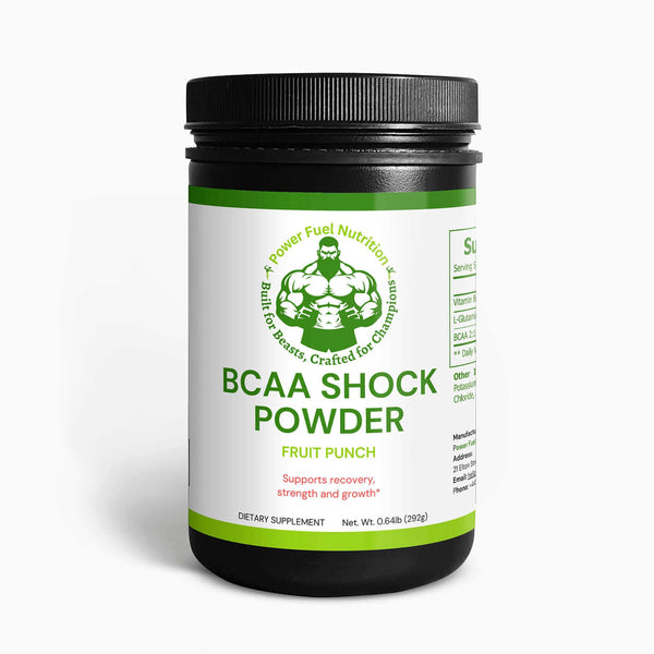 BCAA Shock Powder (Fruit Punch)> Elevate your workouts with Power Fuel Nutrition BCAA Shock Powder! This Fruit Punch flavored powder provides essential amino acids to help build & repair muscle > $42.00 > Power Fuel Nutrition